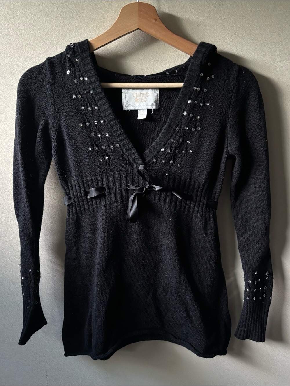 Limited Too Black Hooded Sequin Sweater with Ribbon Waist Tie